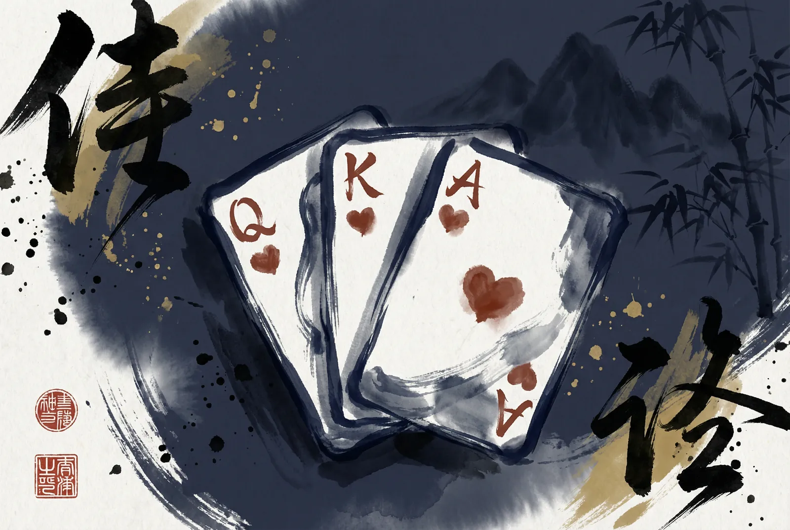 炸金花水墨风格游戏画面展示三张牌